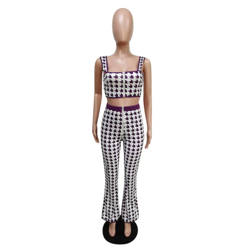 

Swallow Gird Two Piece Set Zipper Front Backless Tank Crop Top Wide Leg Pants Sexy Casual Outfits Plaid Printed Matching Sets