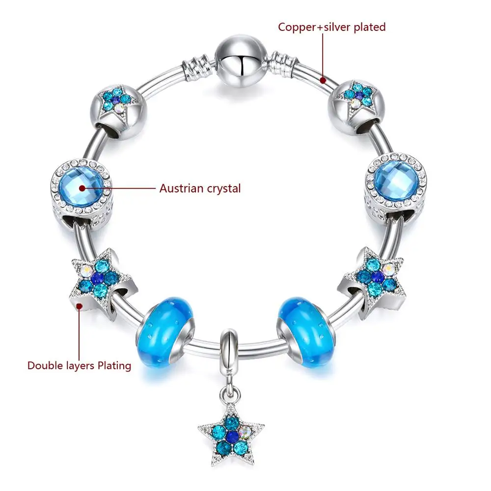 

pandora-style New Heart of the Sea Pandora-Style Bracelet Girls Girlfriends Jewelry Blue Star Big Bead Bracelet