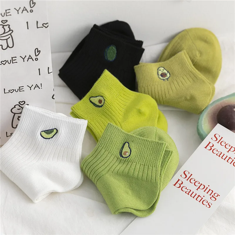 

Women Solid Avocado Embroidery Socks Casual Joker Cotton Short Socks For Ladies Concise College Style Breathable Sox Trendy