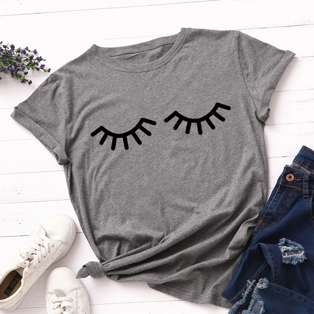 

Футболка женская с графическим рисунком, хлопковая рубашка с коротким рукавом, топ, повседневная одежда с принтом, длинный макияж с ресница...