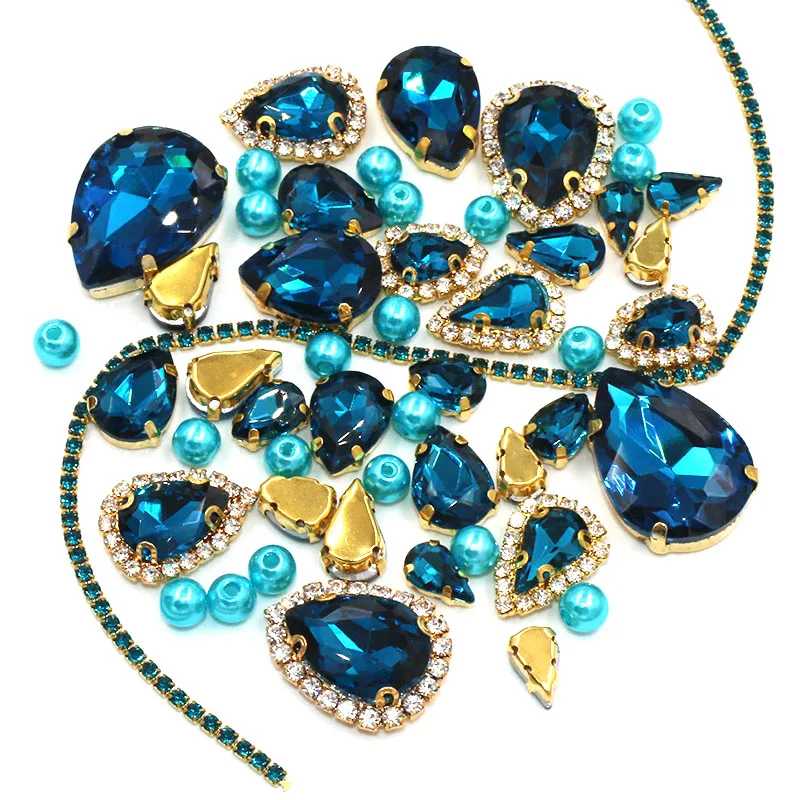 

Wedding Decoration gold base Peacock blue Mix size Glass Crystal Stones Pearl Beads Cup Chain Rim Rhinestones Sew On Clothing