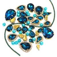 wedding decoration gold base peacock blue mix size glass crystal stones pearl beads cup chain rim rhinestones sew on clothing