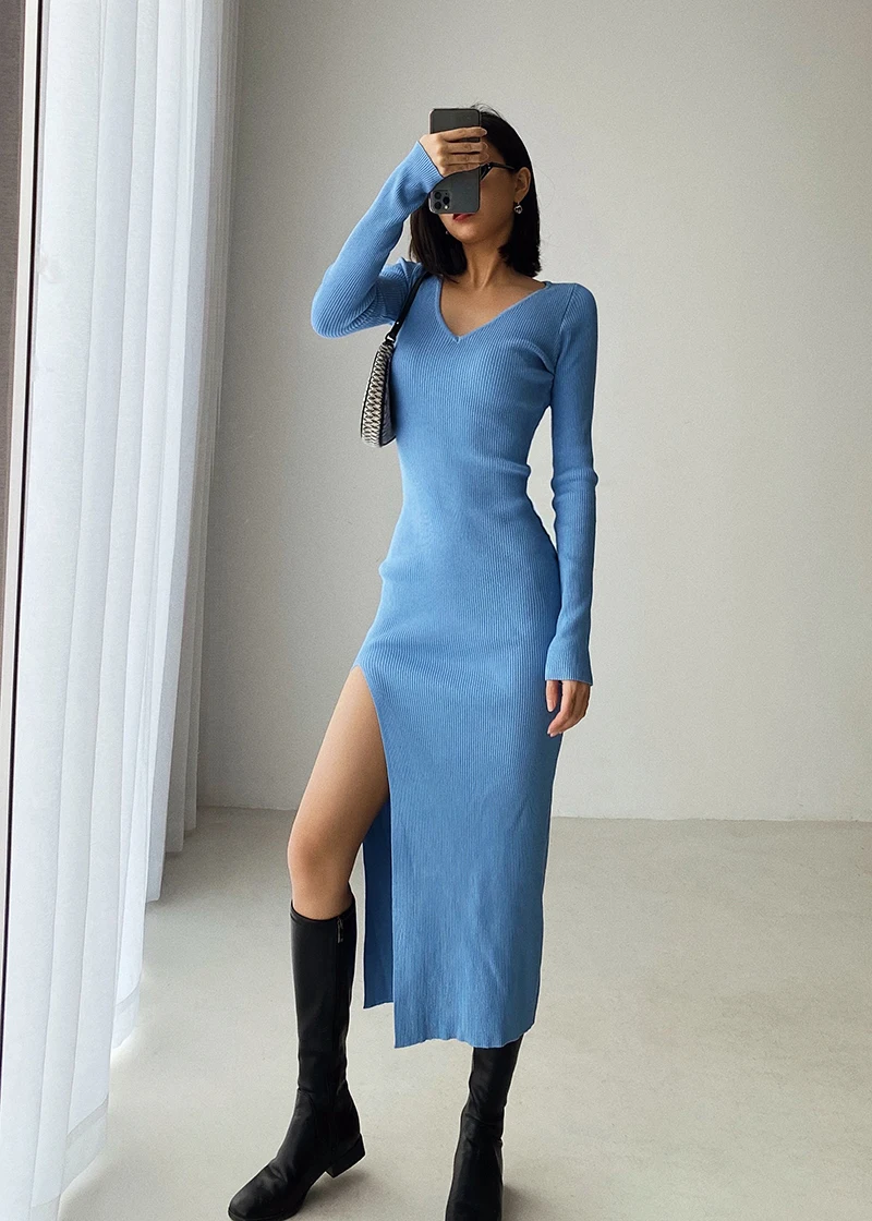 spring and winter sexy French slit sweater dress female slim tight-fitting hip-knit over-the-knee dresses wedding guest dresses