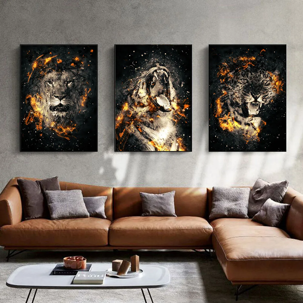 Современное абстрактное пламя лев леопард животные Искусство Картина настенное