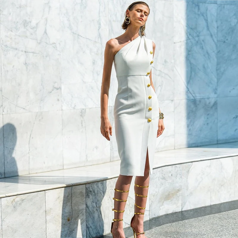 Модное белое платье на одно плечо Золотая кнопка застежка дизайн женское миди