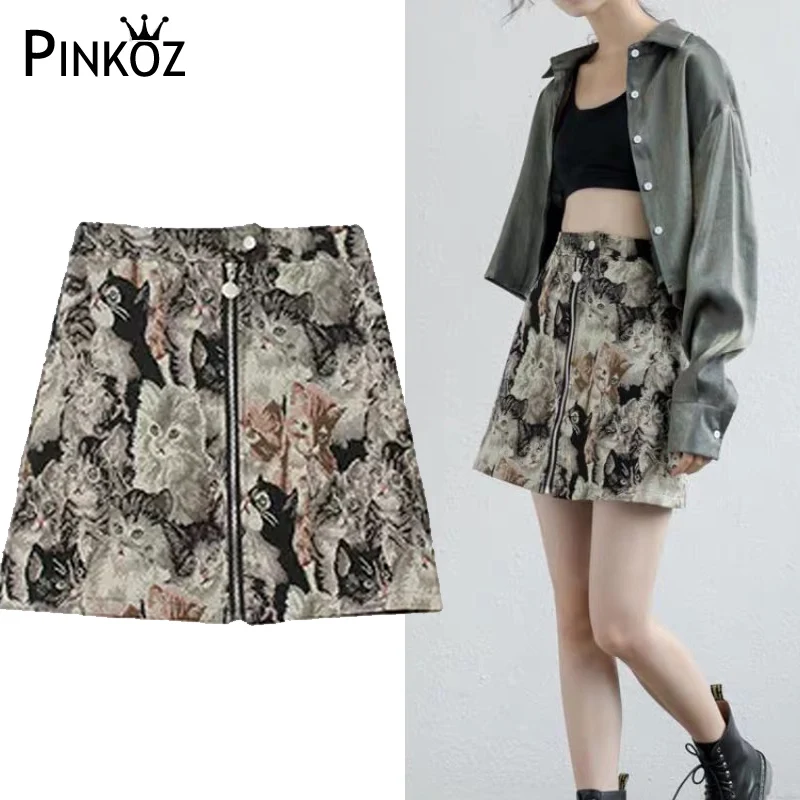 Зимняя винтажная мини юбка Pinkoz с вышивкой в виде кошки повседневная Вечерние