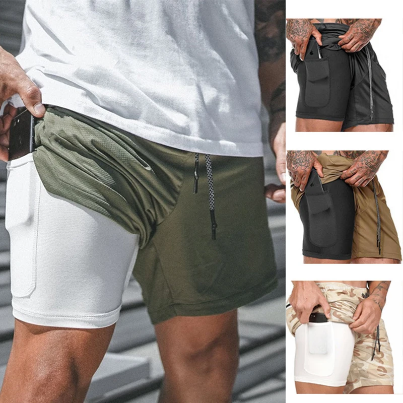 

Summer Sports Muti Pockets Elastic Waist Training Shorts Quick Drying Double Mesh Layed Drawstring Jogging Five Point Pants