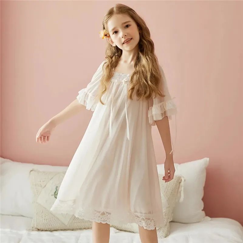 Palace Style Baby Girl Princess Nightdress Spring Summer Short-sleeved Home Wear Girl's Lace Mesh Pajamas Full Of Fairy Spirit