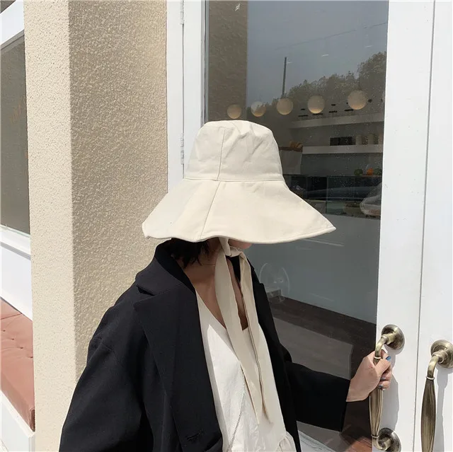 2021 New Summer Autumn Large Brim Fisherman Hat Women Cotton Linen Round Dome Bandage Bow Big Foldable Sun Hats Fishermen | Аксессуары