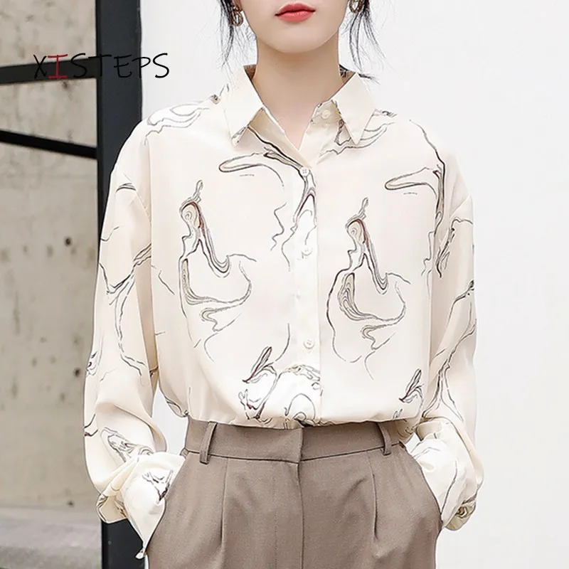 Retro Gentle Chiffon Blouses For Women 2021 Spring Ladies Loose Shirts Printed Fashion Women's Tops Log Sleeve Clothings