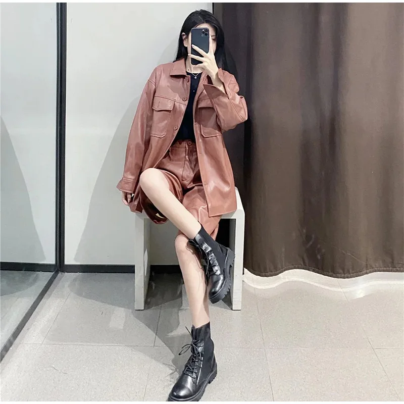 Женские комплекты из искусственной кожи крутая Женская куртка красный костюм с