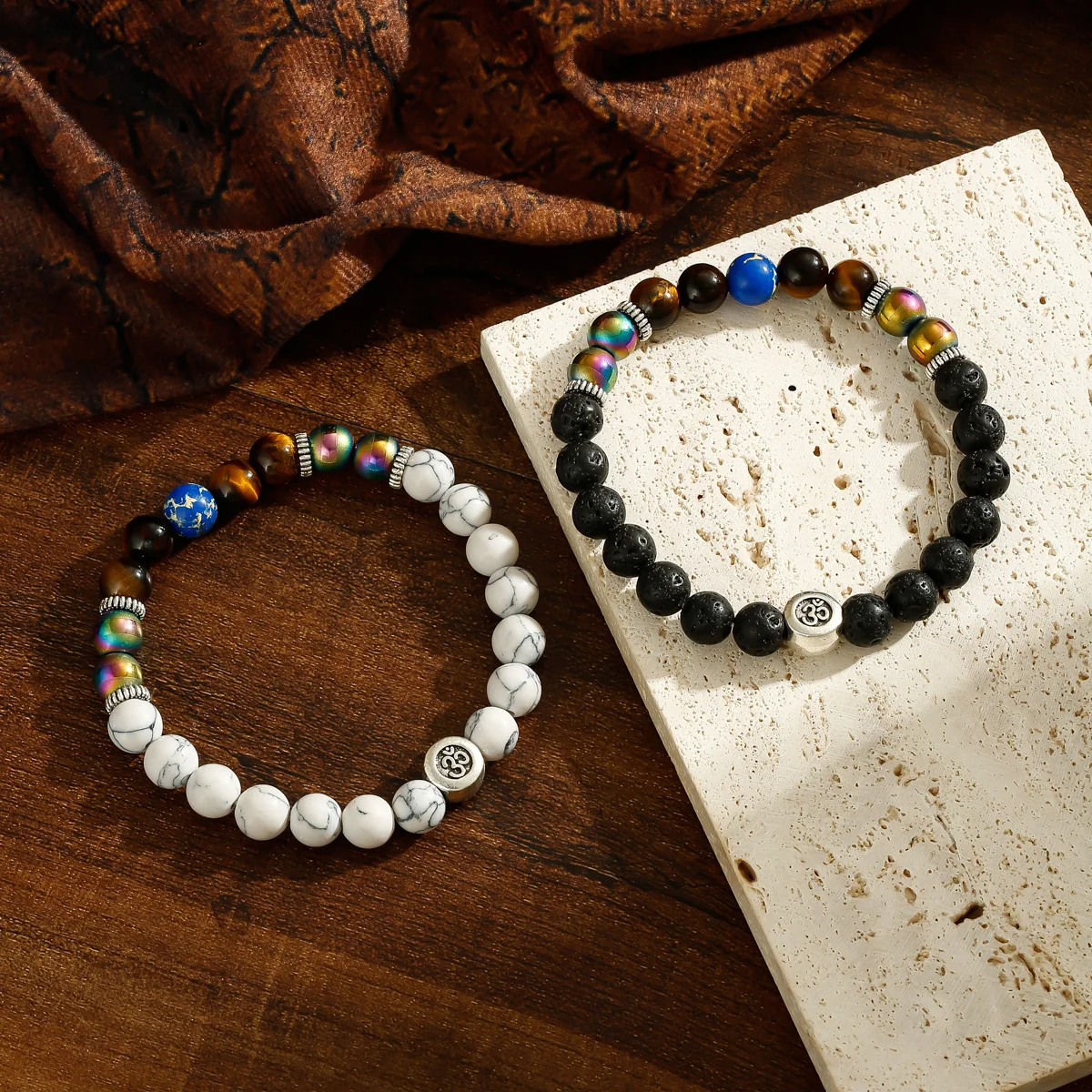 

Energy Volcanic Round Beads Jewelry Bracelet Tiger Eye White Pine Stone Colorful Bead Elastic Beaded Bracelet Charm