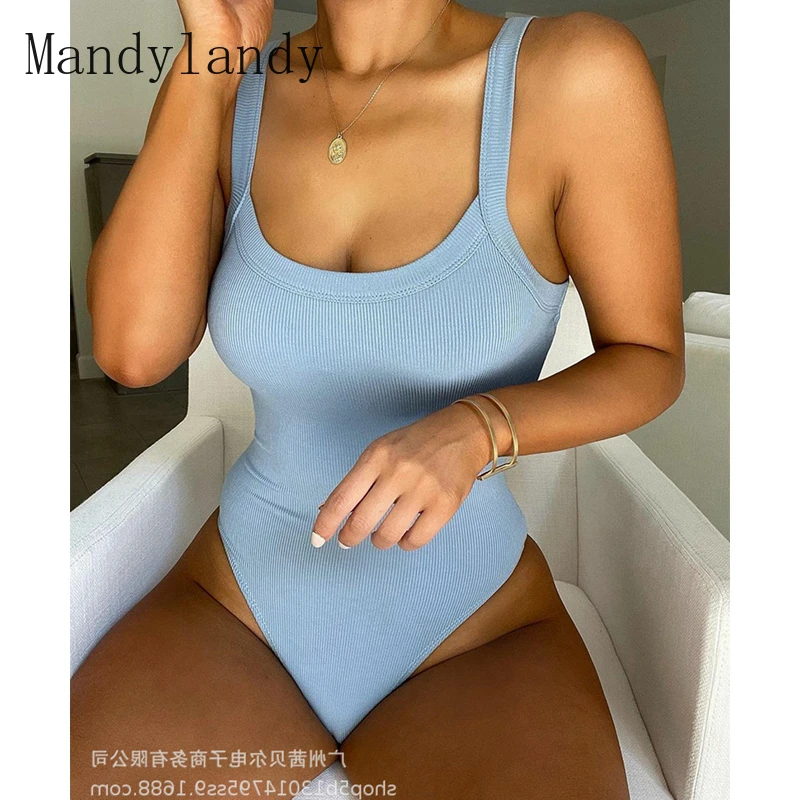 

Mandylandy Bodysuits Summer Sleeveless Spaghetti Strap O-Neck High Waist Bodysuits Women's Sexy Solid Color Slim Bodysuits