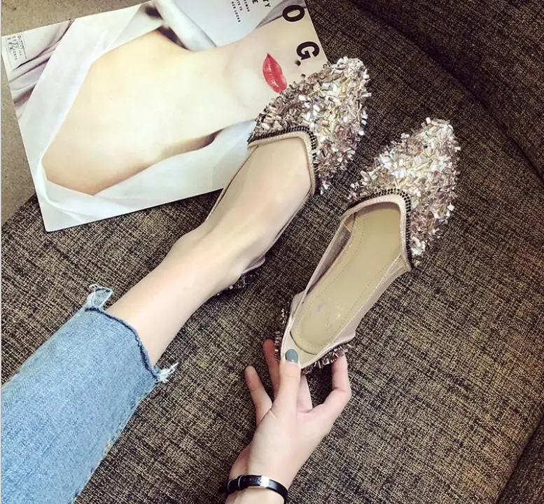 

Large size women's shoes 2020 new fashion rhinestone women's shoes pointed flat shoes office soft bottom women's shoes