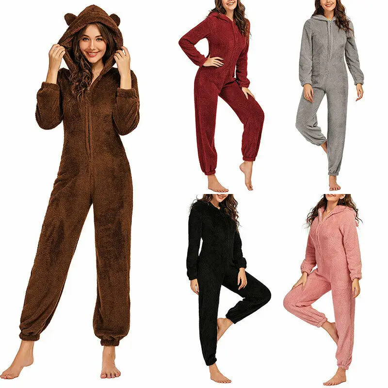 

Women's Plush Hooded Warm Sleepwear Romper Winter Jumpsuit Pajamas Thick Pants