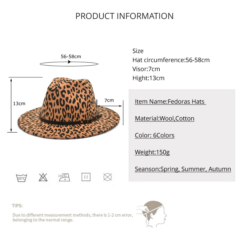 Women's Flat Brim Wool Felt Jazz Fedora Hat Men's Women's Leopard Print Leather Band Decoration Trilby Panama  Hat F97