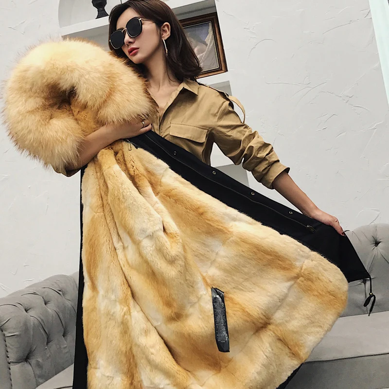 Fashion New Parka Coat Female Fur Lining Coat Raccoon Fur Collar Thick Section Warm Long Section High-end Fur Parka Coat Street