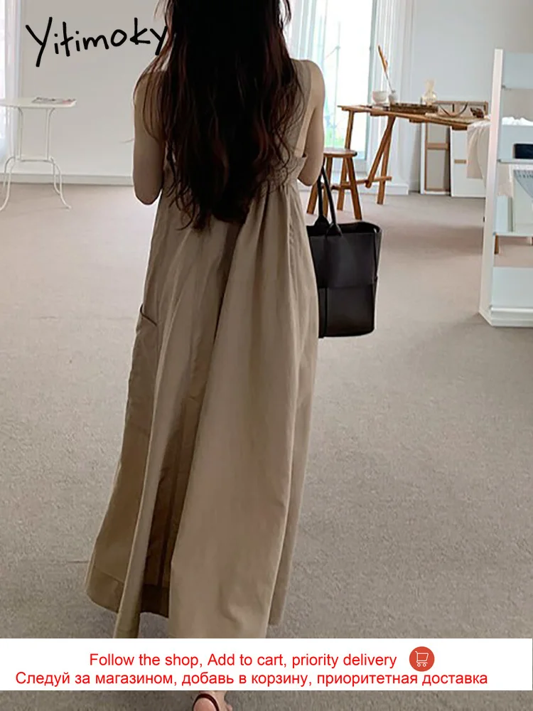 

Yitimoky Maxi Camis Dress for Women 2021 High Waist Sleeveless Loose Pockets Unicolor A-Line Summer Korean Fashion New Pullover