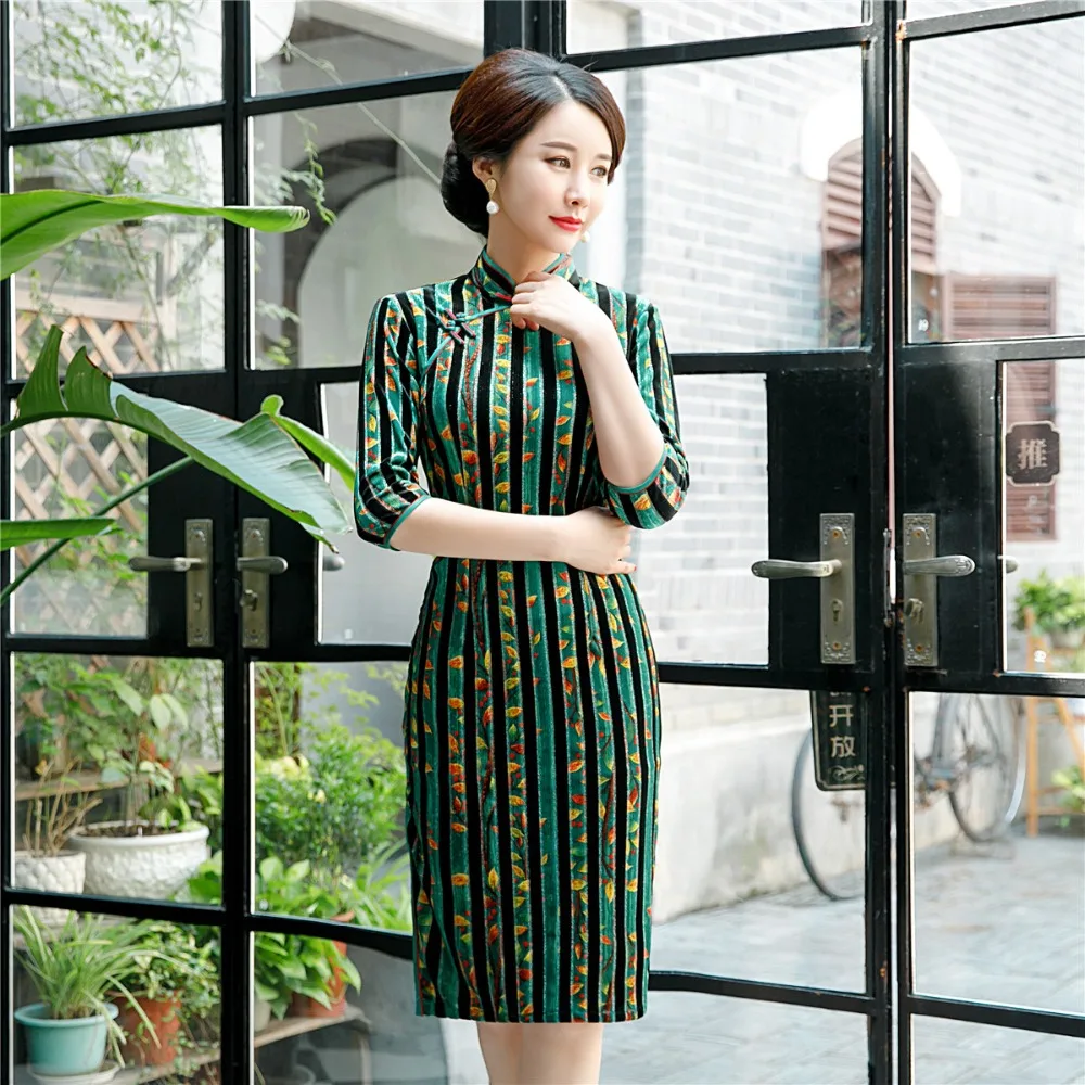Шанхай история велюр Cheongsam по колено китайское платье Ципао традиционное платье зеленый