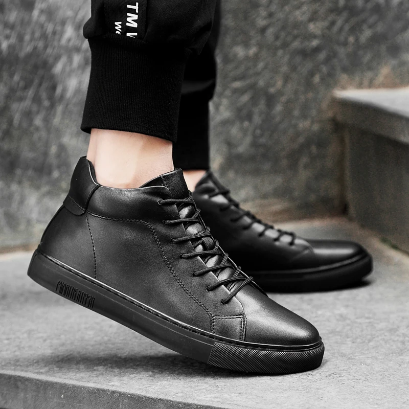 2019 autumn winter fashion men's shoes casual genuine leather male flats sneakers black high top shoe man platform for men |