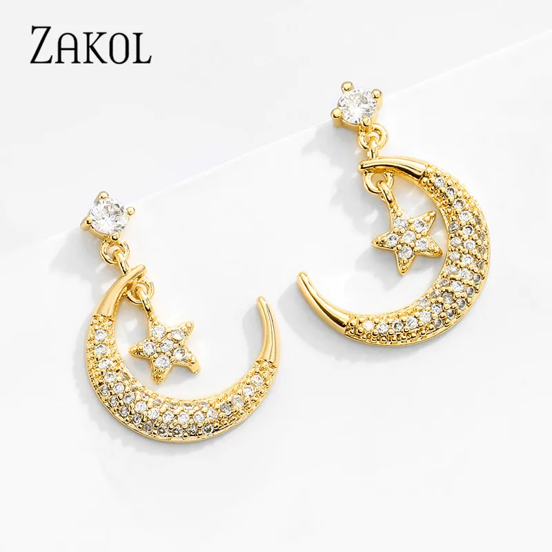 ZAKOL модные блестящие серьги с фианитом и кристаллами Звезды Луны для женщин