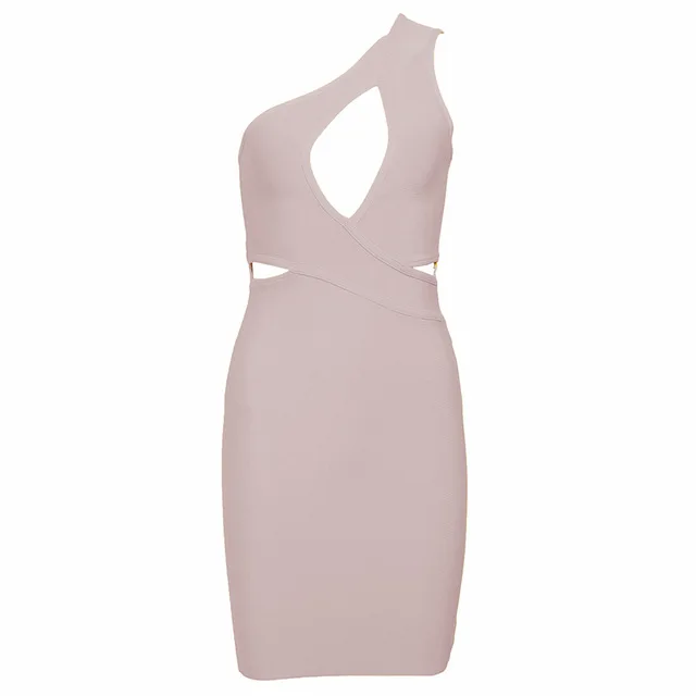 Amily.c Summer New High Quality Sexy Shoulder Mini Yellow Hollow Bandage Dress Club Designer Fashion Party Dress Wholesale - Color: Khaki
