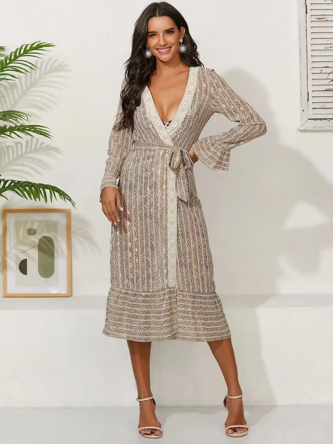 

New ruffled V-neck sexy long-sleeved printed dress floral dress,Dress woman,Party dresses,Woman clothes,traf,