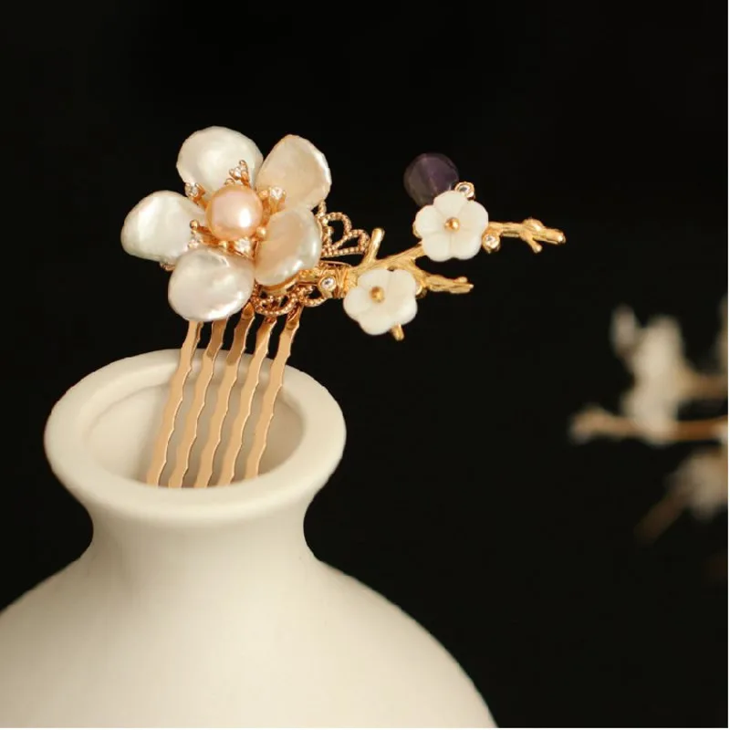 Шпилька для волос с жемчужинами и цветами позолоченная под старину | Украшения