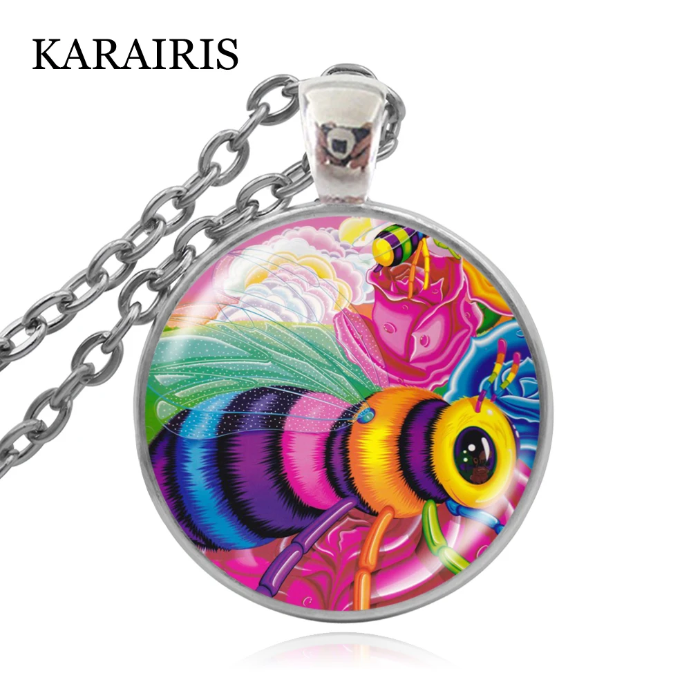 

KARAIRIS Creative The Bees Pattern Necklace Glass Cabochon Pendant Fashion Jewelry Art Paint Bee Statement Necklaces for Women