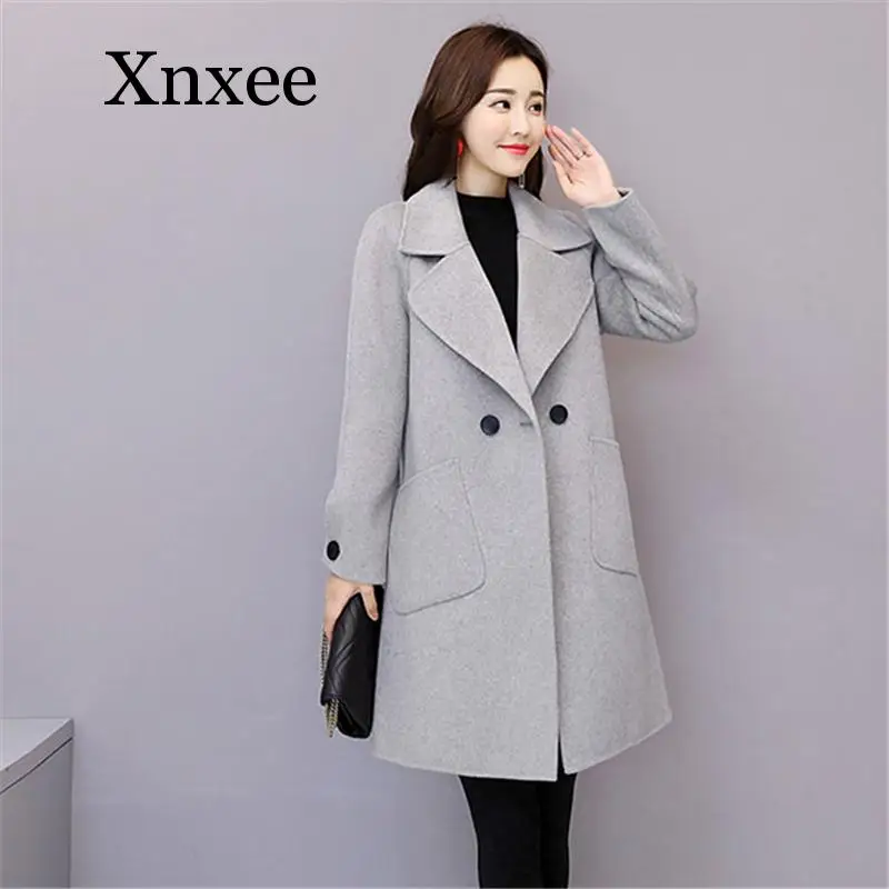 gray elegant turn down collar coat wool Elegant Long Winter woolen Coat Women   High Quality Women Winter warm wool slim coat