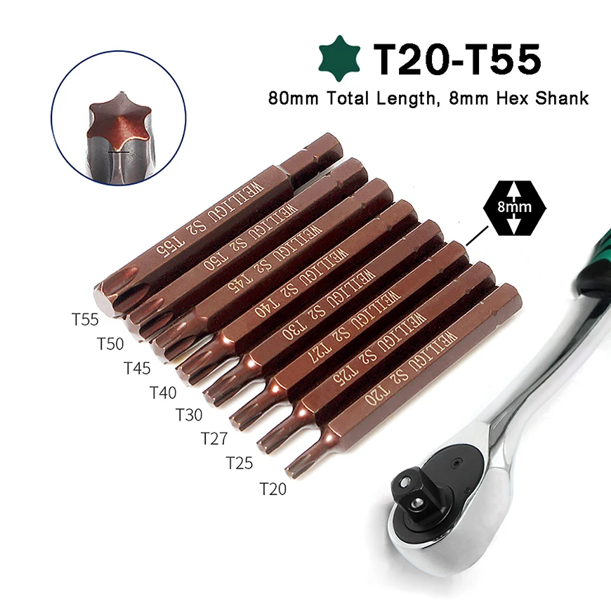 

1pcs Tamper Proof Security Drill Magnetic Torx Bit 80mm T20 T25 T27 T30 T40 T45 T50 T55 Torx Screwdriver Bits - 8mm Hex Shank