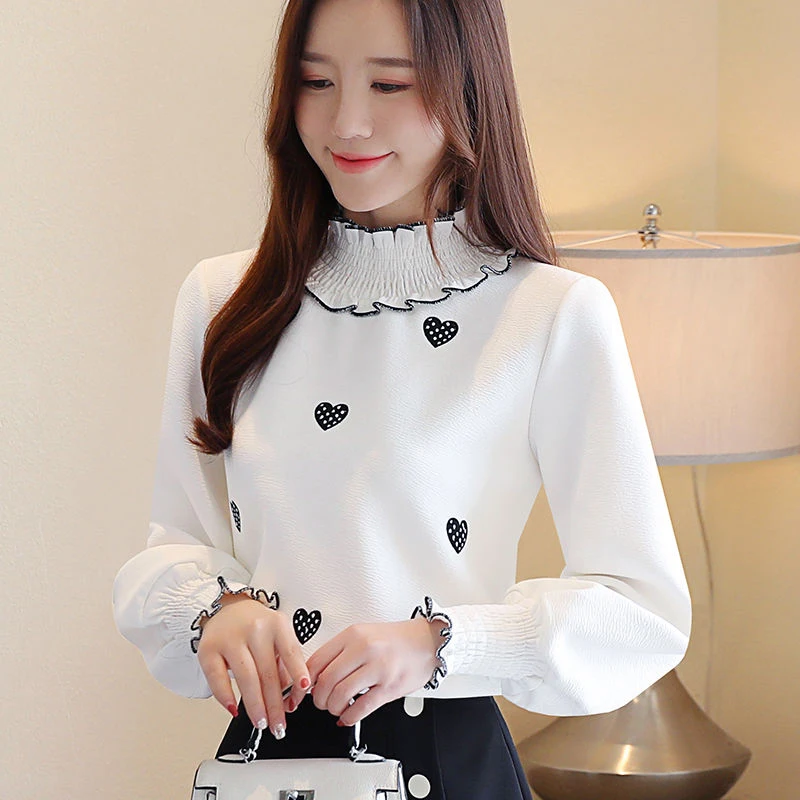 Women Spring Autumn Style Blouses Shirts Lady Casual Long Sleeve Turtleneck Heart Embroidery Blusas Tops DF3140 | Женская одежда