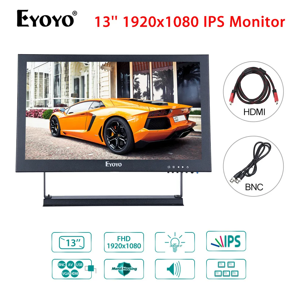 

Новый Eyoyo 13 дюймов HDMI монитор IPS 1920x1080 BNC/VGA/AV выход для CCTV DVD ПК ноутбука DVR CCD камера ЖК-экран дисплей 1080P