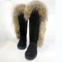 luxury real big natural fox fur tassels women winter slim snow boots for women cow suede leather winter shoes fashion new style