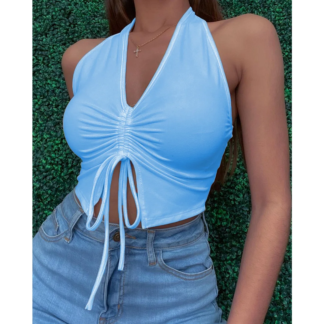 

Пикантные однотонные Ruched шнурок Slim Fit уличная одежда кроп-топ с лямкой через шею с низким вырезом на спине вечерние Клубные Топ лeтo oткрытыe п...