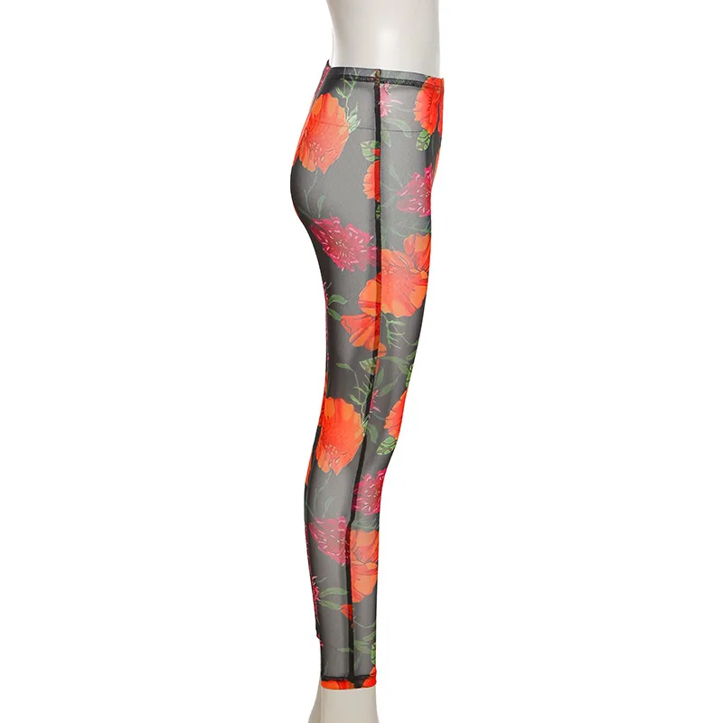 

Summer Fashion Harajuku Women Casual Leggings Net Yarn Perspective Fashion Floral Digital Printing Tight Pants Streetwear