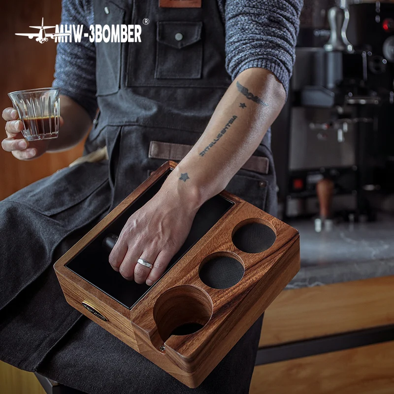 Barista orzech drewno filtr do kawy Tamper Holder Tamper do Espresso mata stojak Cafe narzędzia pojemnik na kawę żużel Box akcesoria do kawy