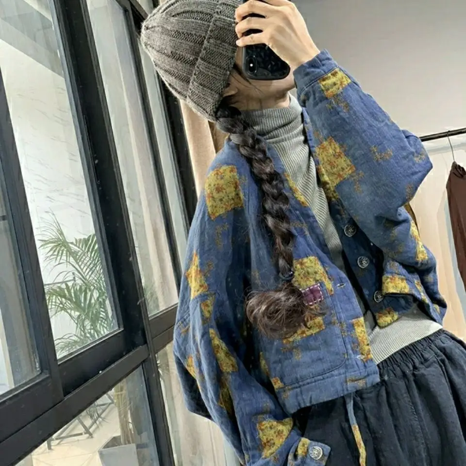 

Women 's Coat 2021 Spring And Autumn New Retro Ethnic Print Loose Casual Dolman Sleeve Cotton Cardigan Top