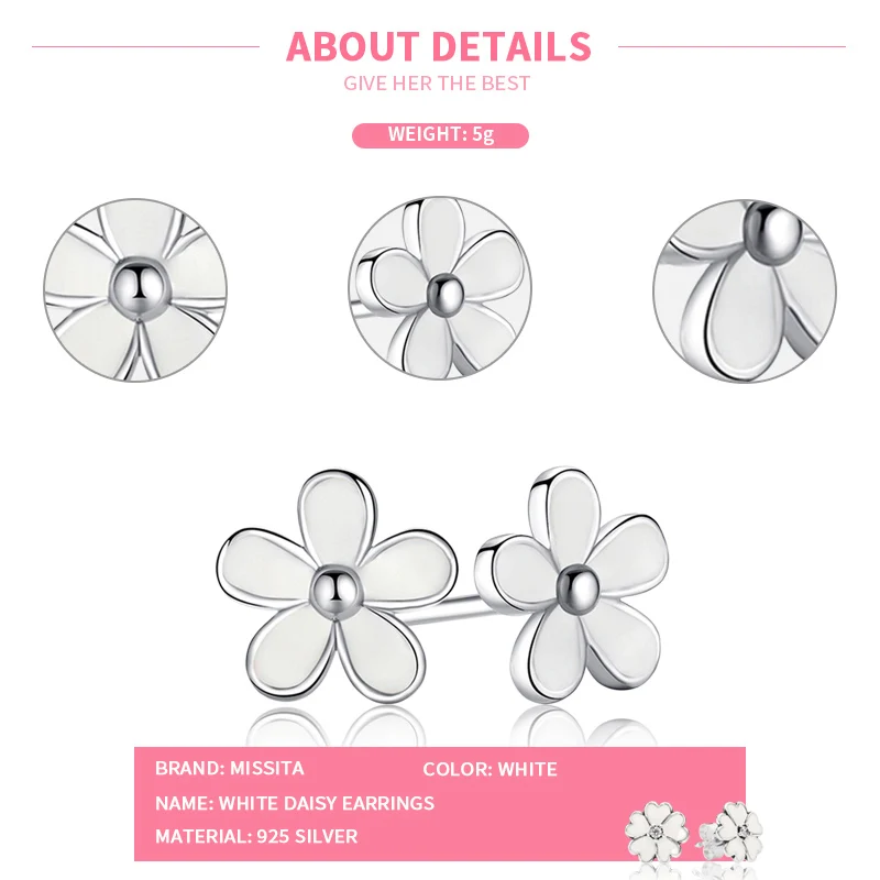 Женские сережки гвоздики MISSITA серебристые с белыми ромашками брендовые