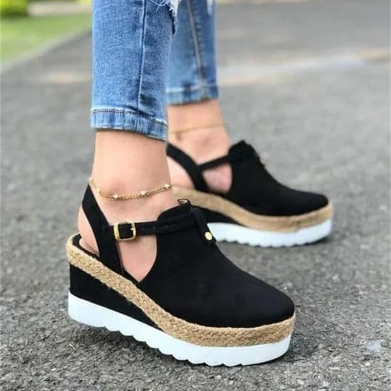

Women Sandals Vintage Wedge Shoes Woman Buckle Strap Straw Thick Bottom Flats Platform Sandals Flock Female Shoes Summer