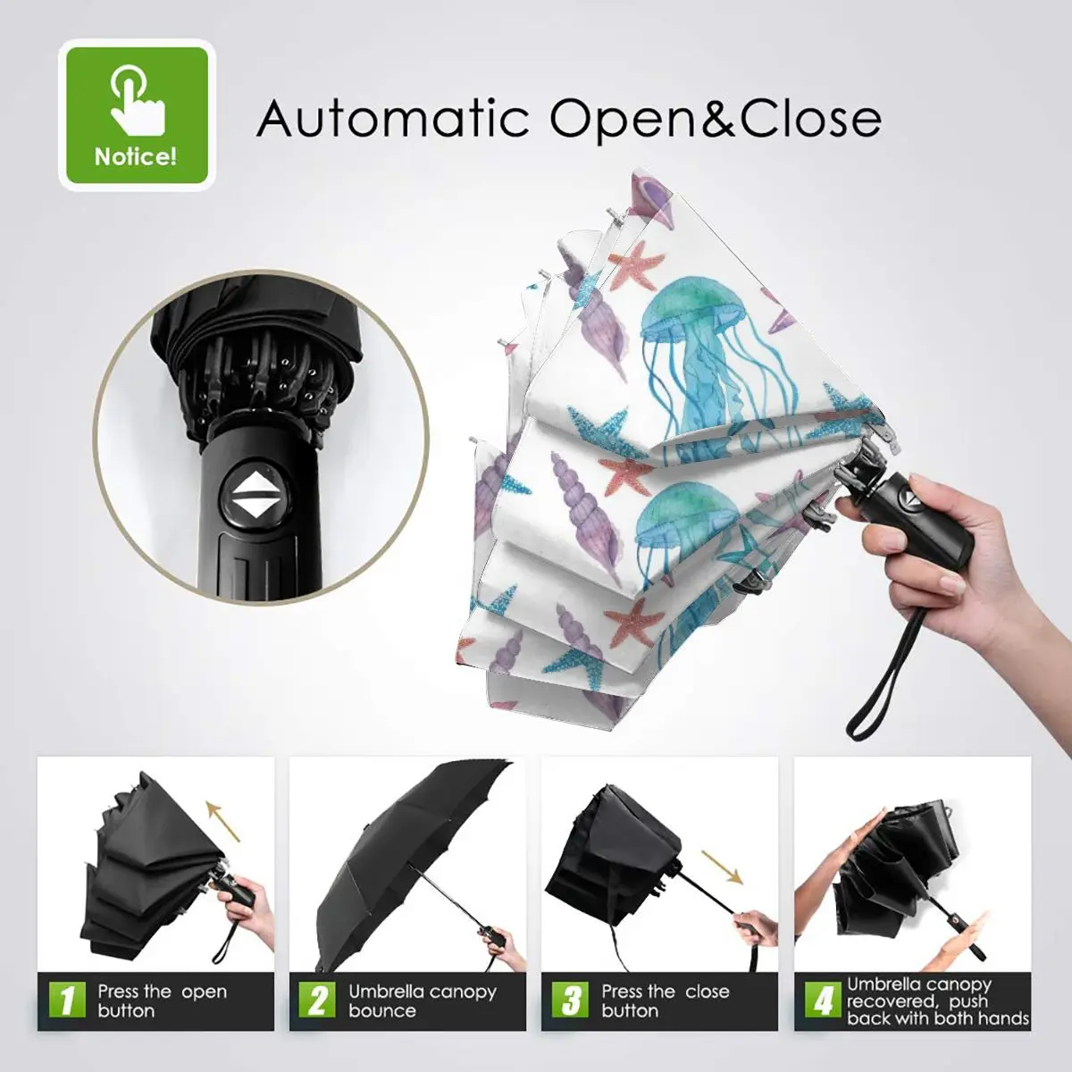 Offerte Acquerello Meduse E Conchiglie Di Mare Antivento Automatico Pieghevole Invertito Ombrello Portatile Paraguas Per Uomo Donna