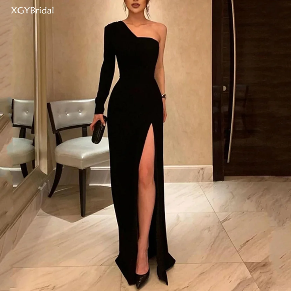 

Женское атласное вечернее платье-русалка, Черное длинное платье на одно плечо с разрезом, платье для выпускного вечера, 2019