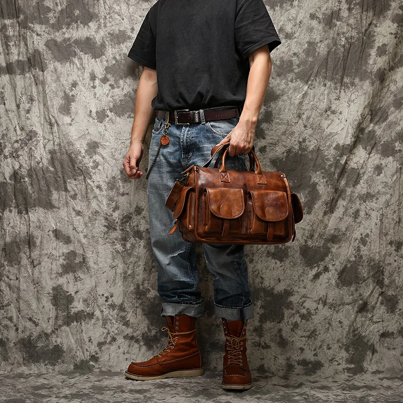 

Iuxury Leather Men's Travel Bag With Shoe Pocket 14 inch Big Capacity Vintage Crazy Horse Leather Weekend luuage Messenger Bag