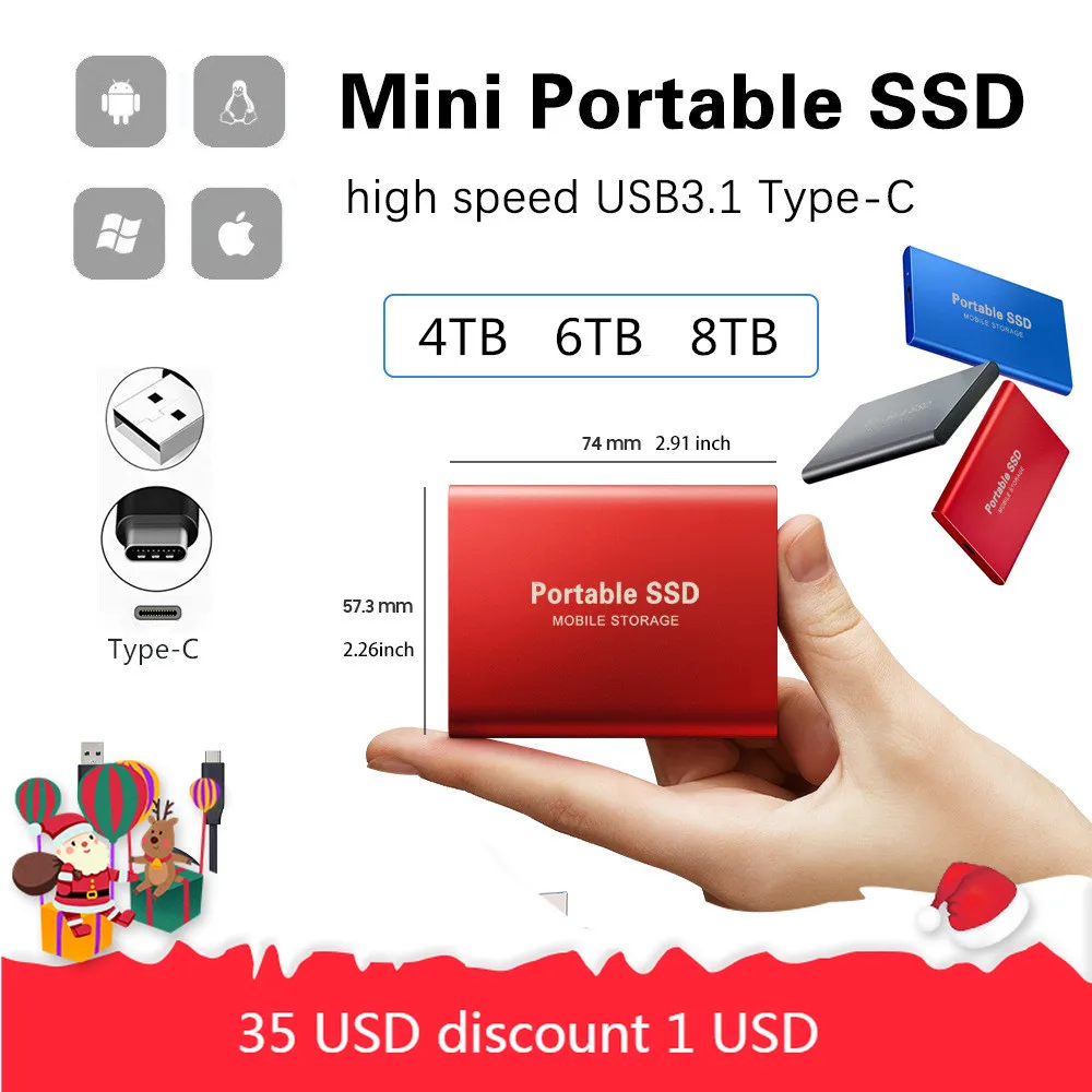

4TB 6TB 8TB Mobile Hard Disk Type C Portable Ssd Shockproof Aluminum Alloy Solid State Drive Tra Hdd Red Nsmission Speed