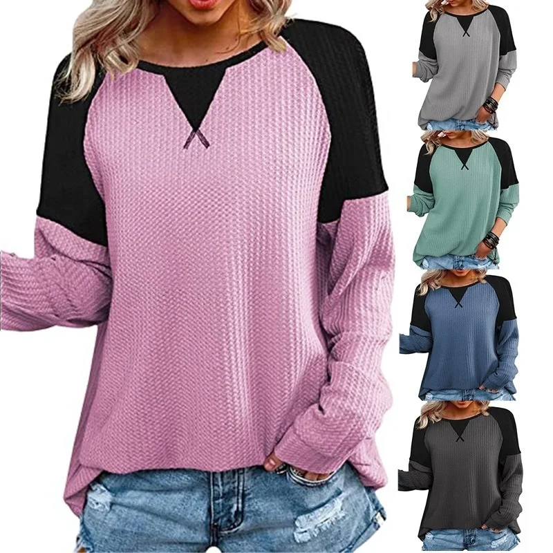 

New Waffle Patchwork Crew Neck T-shirt Raglan Sleeve Long Sleeve Women's Top
