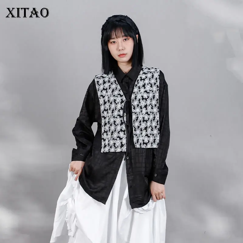 

XITAO, новинка, женская рубашка, костюм из двух частей, жаккардовый бандажный жилет, с длинным рукавом, однотонный, со скрытой текстурой, Топ ...