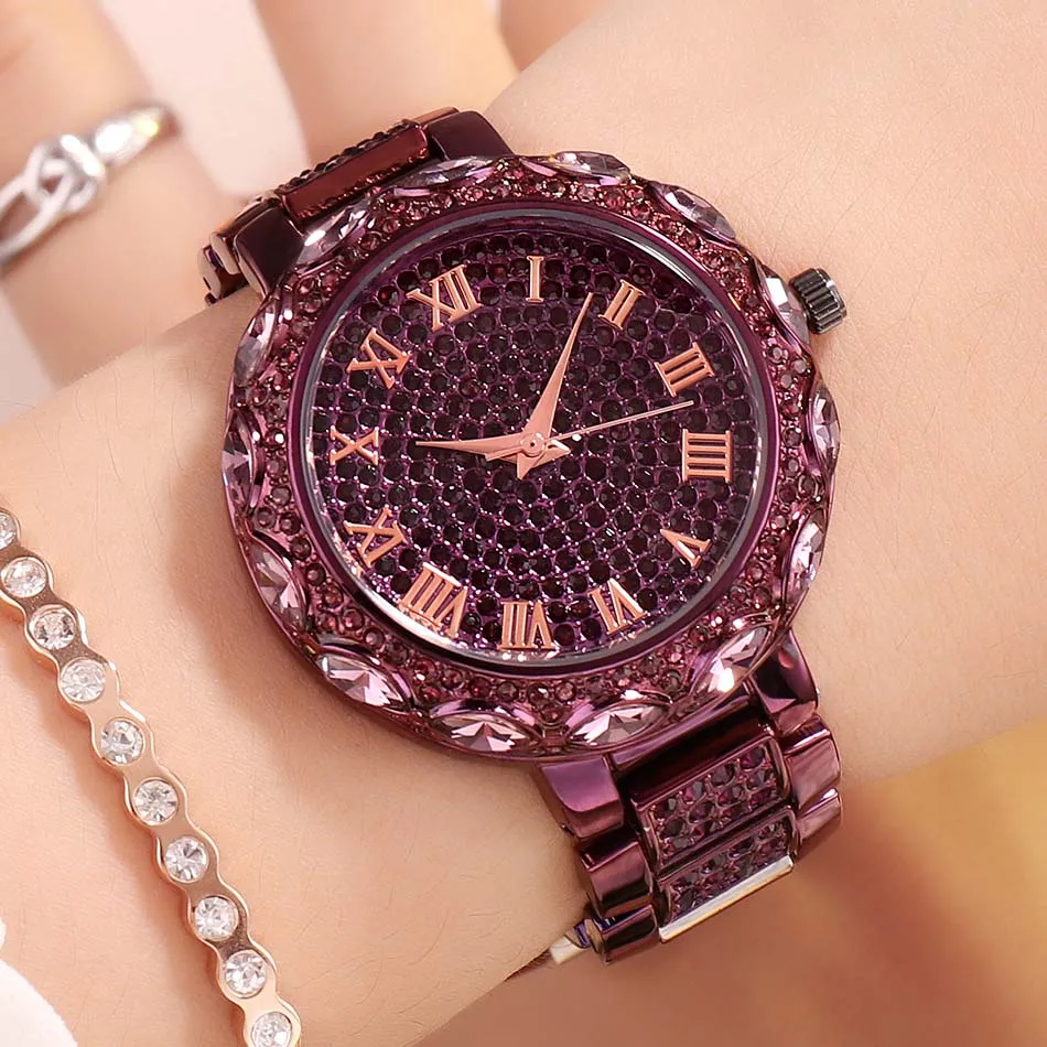 Purple women watch GEDI роскошные женские часы с бриллиантами, полностью Стразы, наручные часы, женские часы с кристаллами, золотые женские кварцевые часы zegarek damski - Цвет: Purple women watch