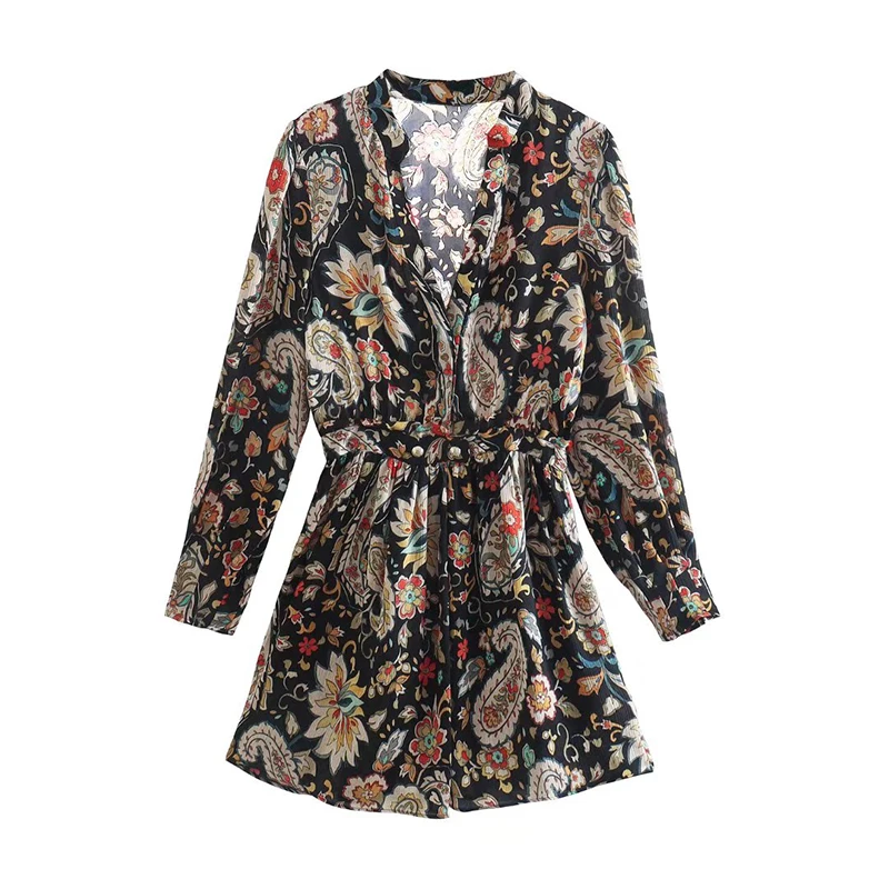 

2022 Fashion Women Vintage Floral Print Short Dress Ladies Long Sleeve V Neck A-line Casual Dress Summer Vestido
