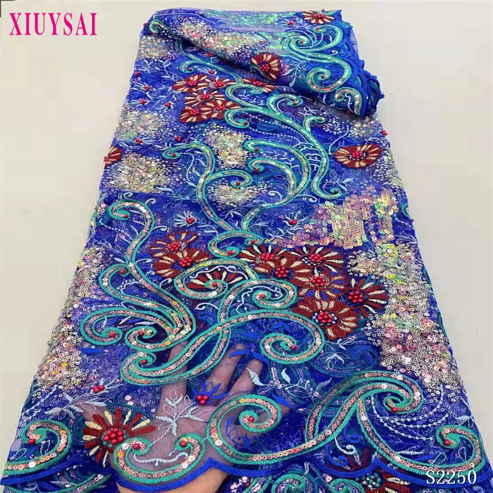 

Красивая синяя африканская кружевная ткань 2021, высококачественное французское кружево с блестками и бисером, нигерийские кружевные ткани ...