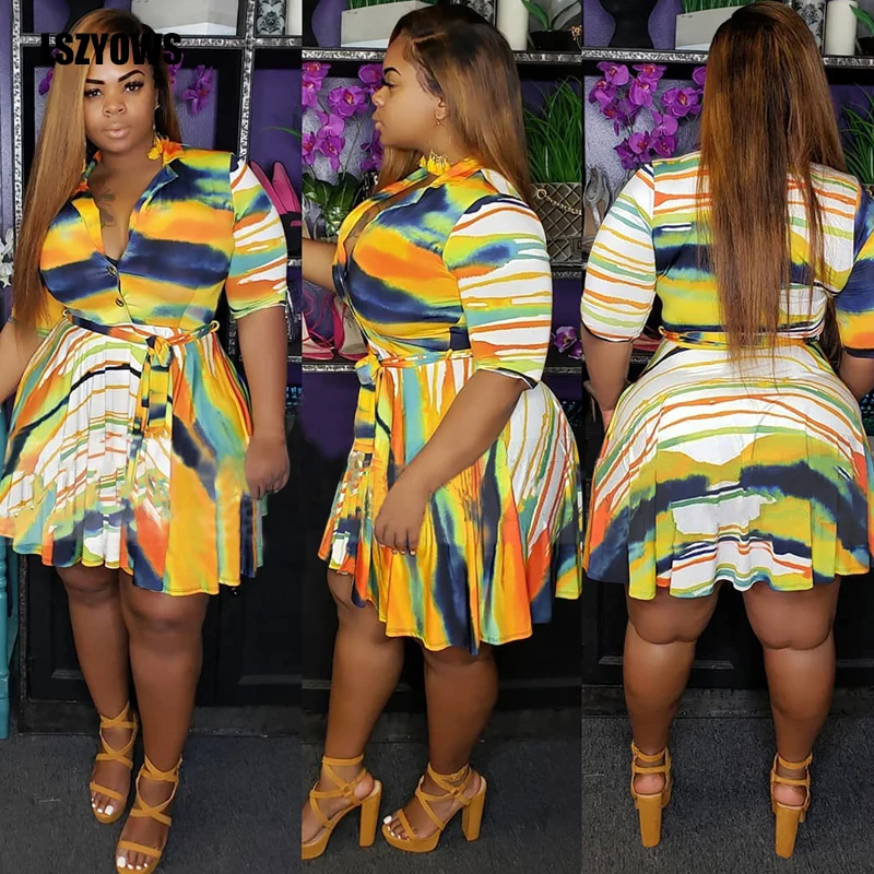 

Women Plus Size Summer Dress 2021 Short Sleeve Button Up Tie Dye Print Mini Dress Vintage High Waist A-line Sashes Party Dresses